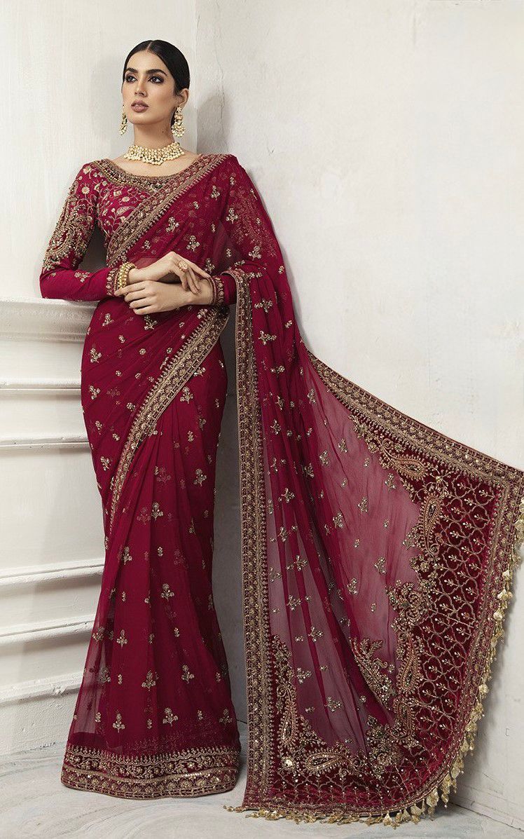 Maroon Heavy Zardozi Embroidered Net Saree with Scalloped Pallu, 7 Gaz