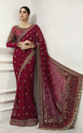 Maroon Heavy Zardozi Embroidered Net Saree with Scalloped Pallu, 7 Gaz