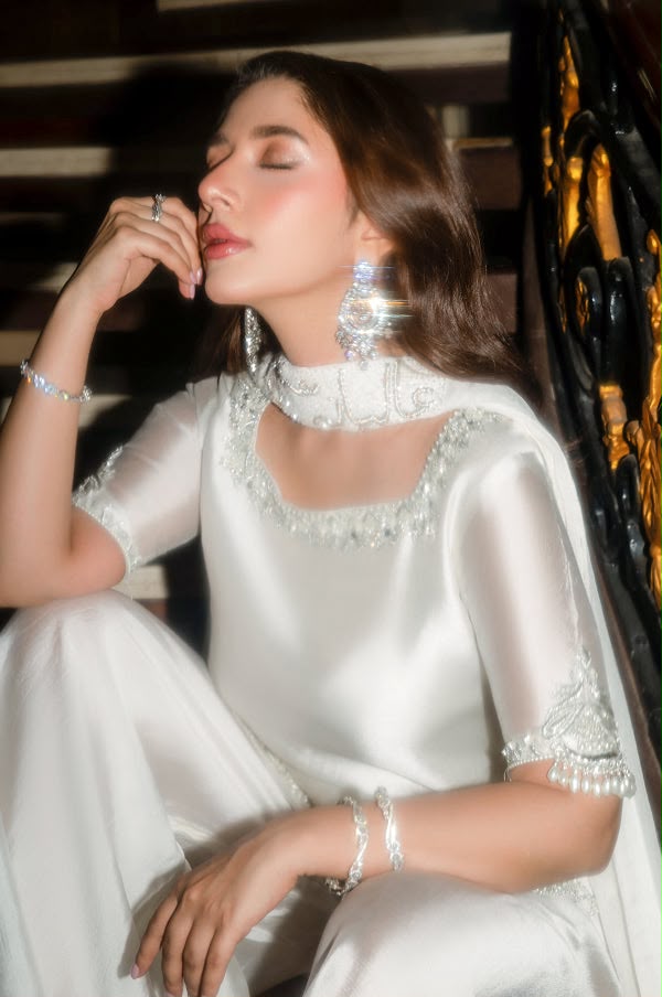 Maruk Pearl White Embellished Shamoz Silk Suit 3 Pcs Unstitched