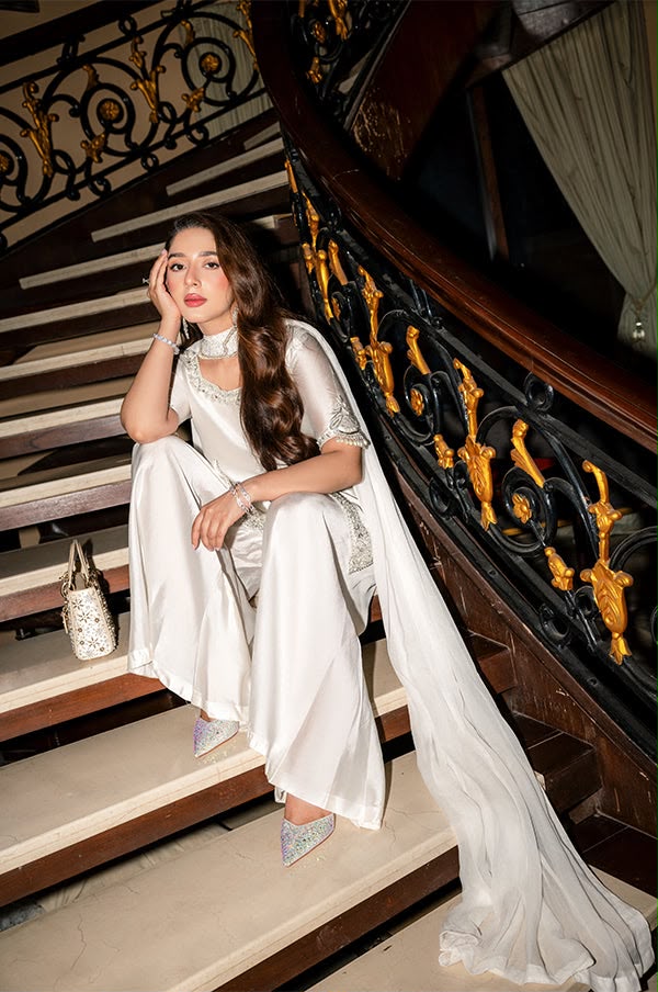Maruk Pearl White Embellished Shamoz Silk Suit 3 Pcs Unstitched