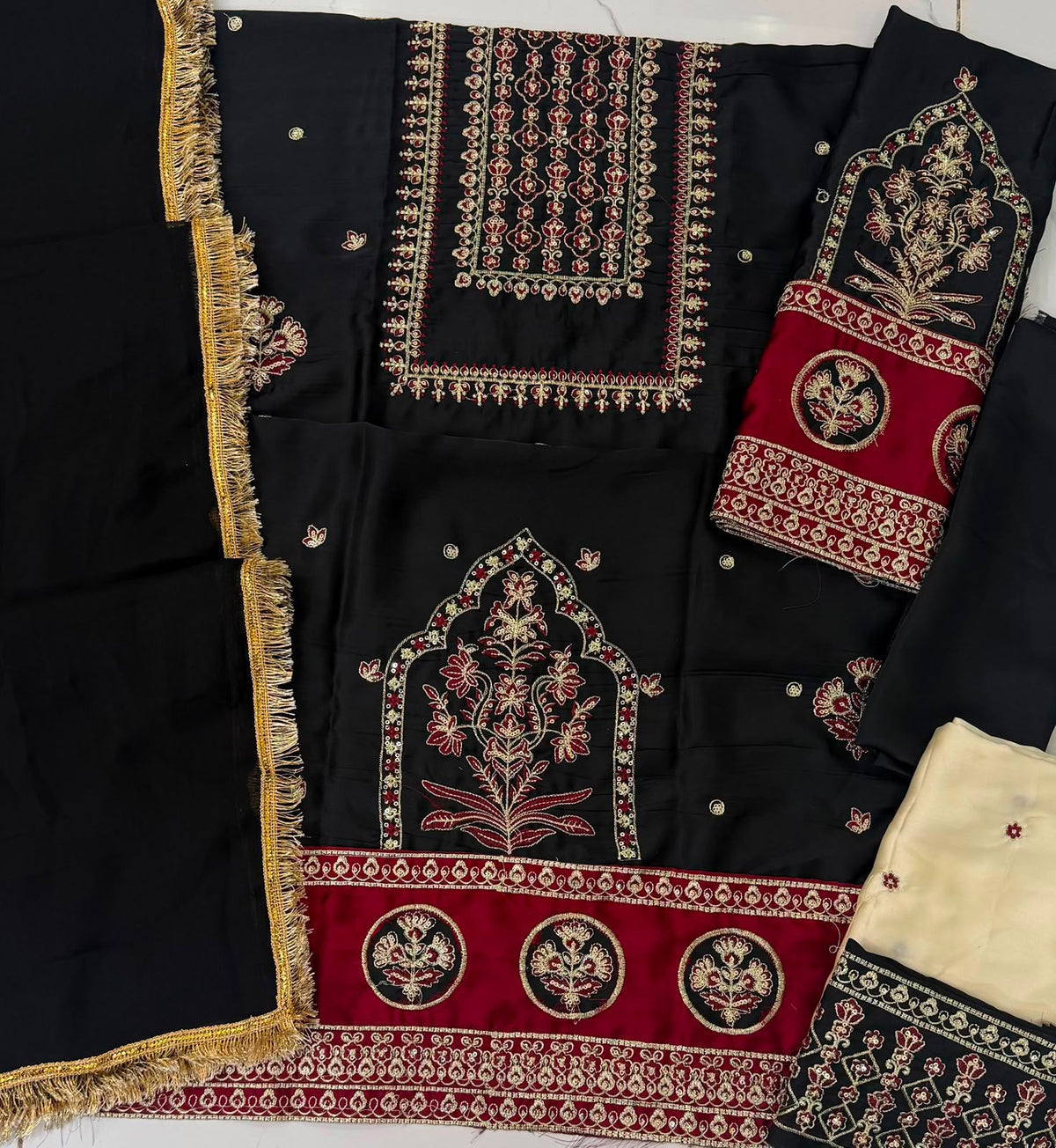 Premium Embroidered Silk 3-Piece Unstitched Suit – Black & Off-White