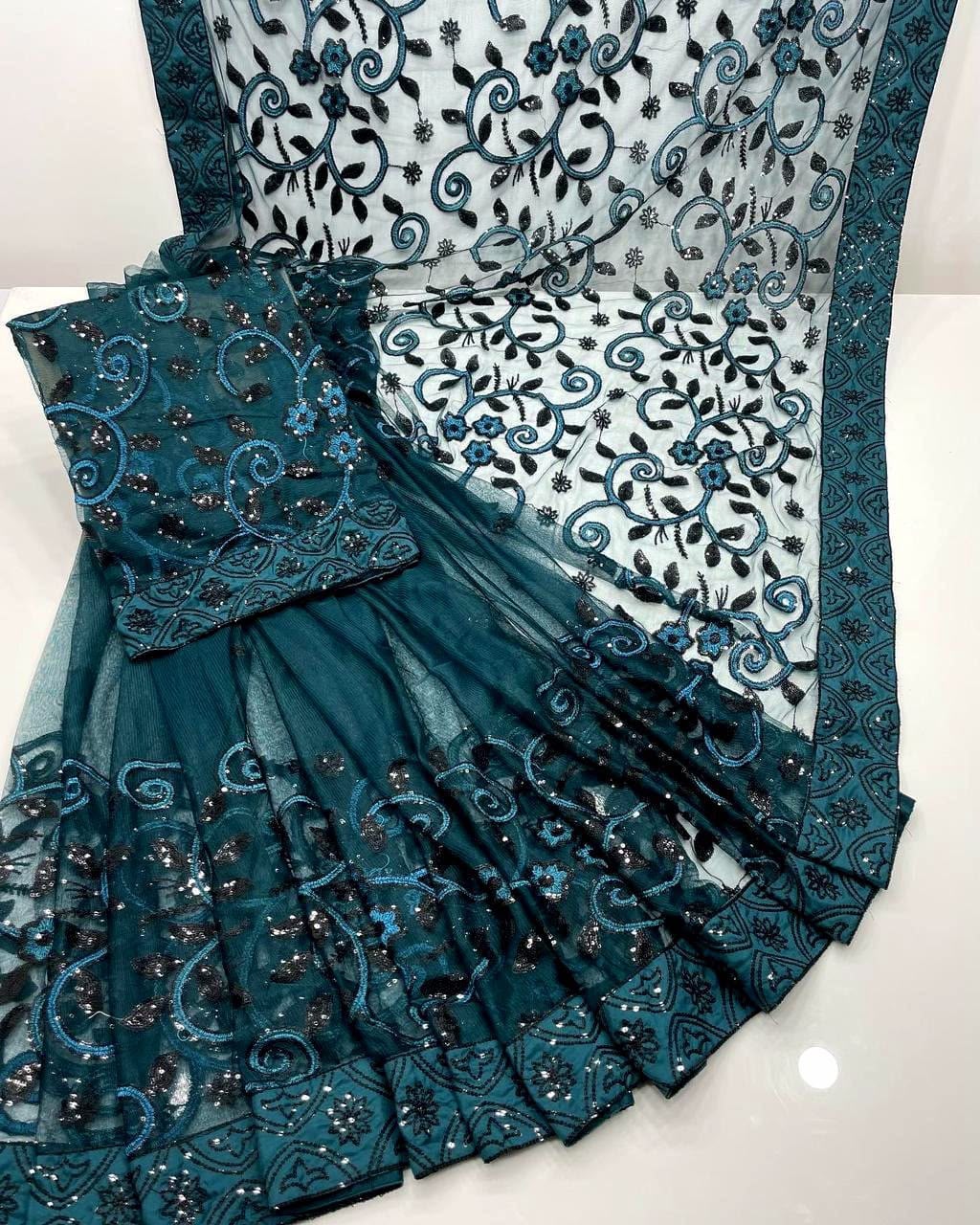 Teal Sequin Embroidered Net Saree with Sheer Floral Pallu