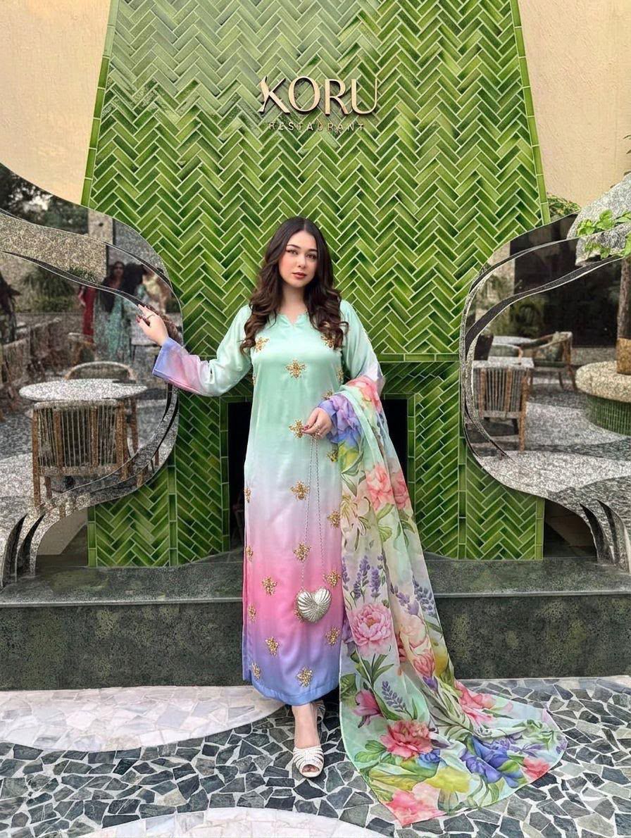 Hand-Embellished Shamoze Silk Tie-Dye 3-Piece Unstitched Suit