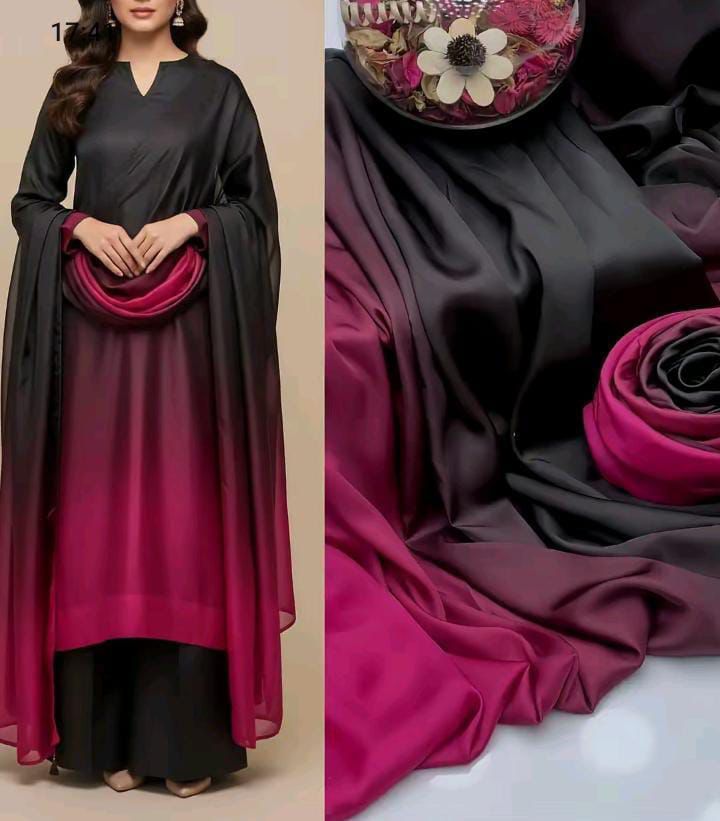 Lulusar Most Demanding Edition, Silk Digital Print 3pc Suit, Black and Magenta Ombre