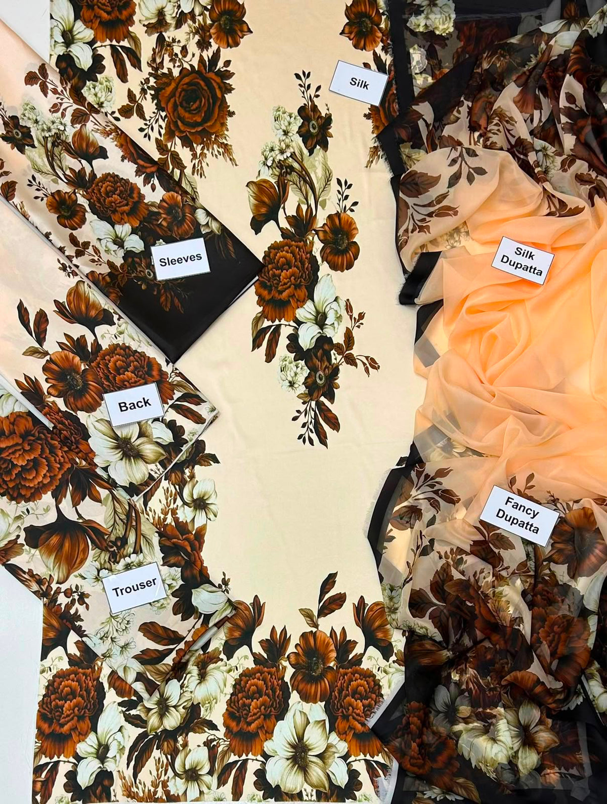 Lulusar Most Demanding Edition, Silk Digital Print 3pc Suit, Rust Brown Floral