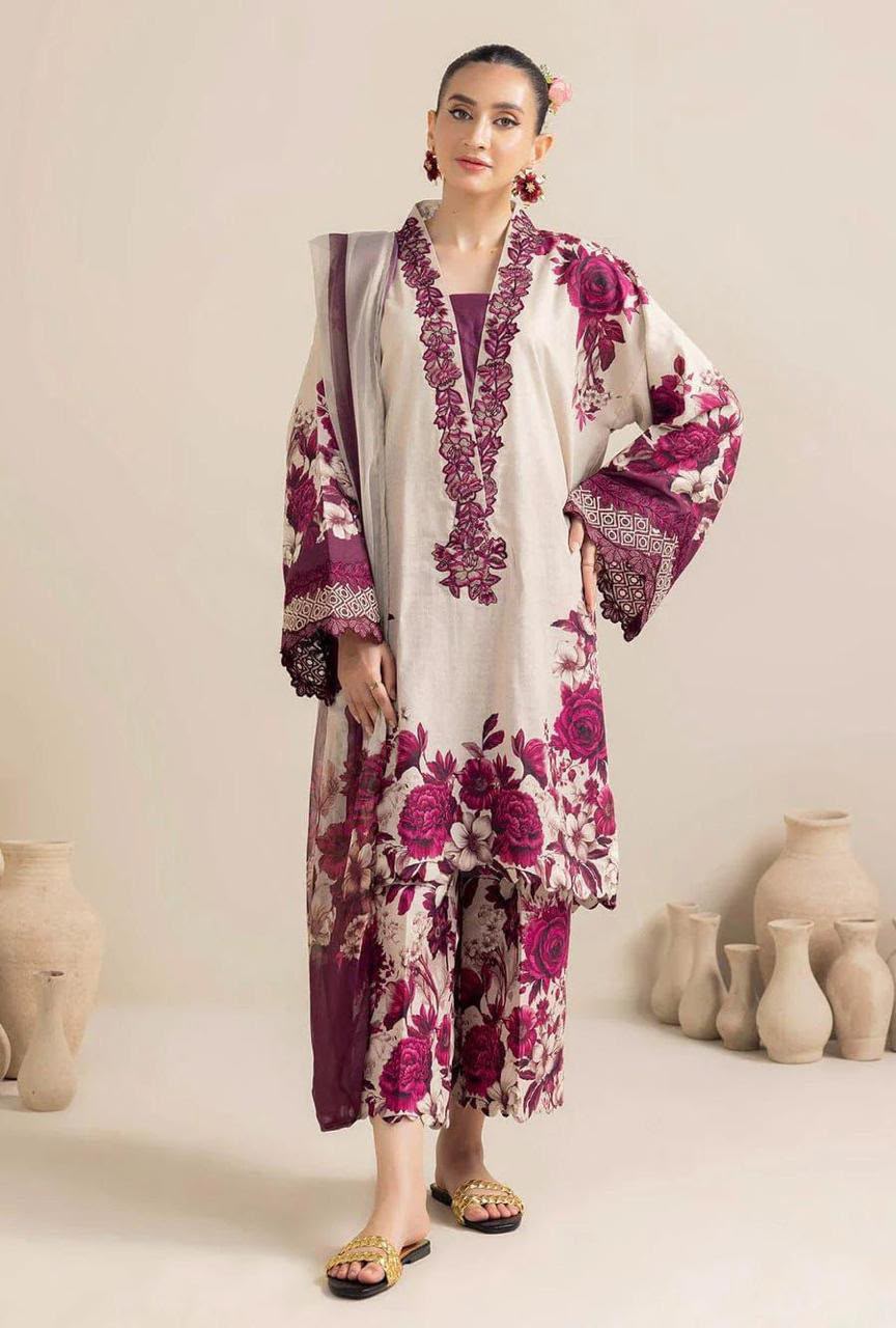 Lulusar Most Demanding Edition, Silk Digital Print 3pc Suit, Ivory and Burgundy Floral