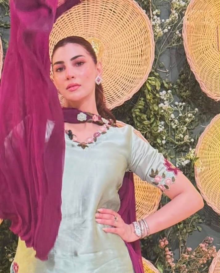 Mint Green & Plum Embroidered Shamooz Silk Suit (As Worn by Nazish Jahangir)