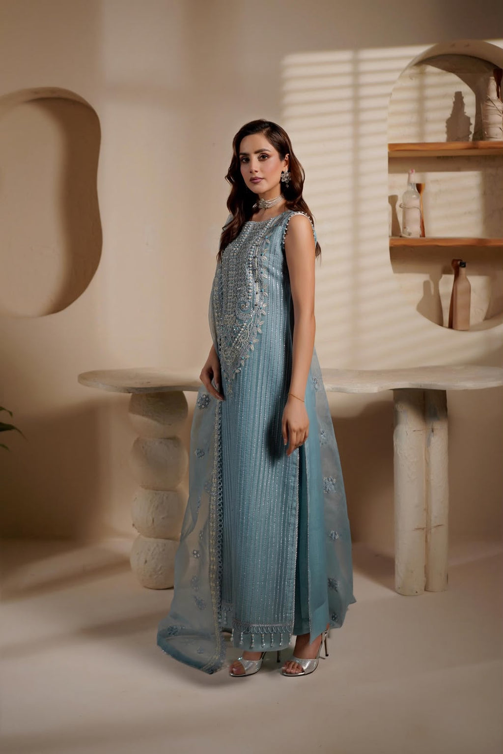 Teal Exclusive Embrioded with Ada work Unstitched 3 Pcs