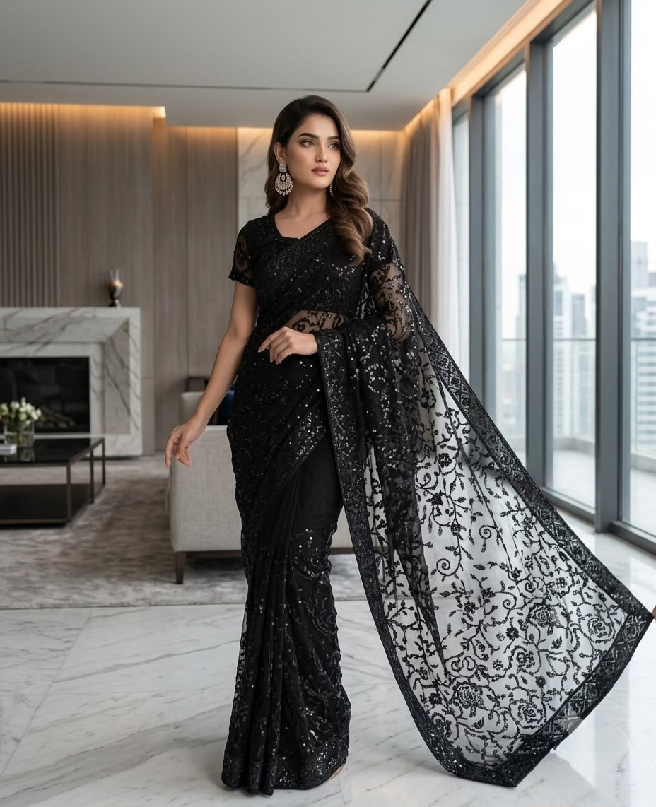Black Sequin Embroidered Net Saree with Sheer Floral Pallu