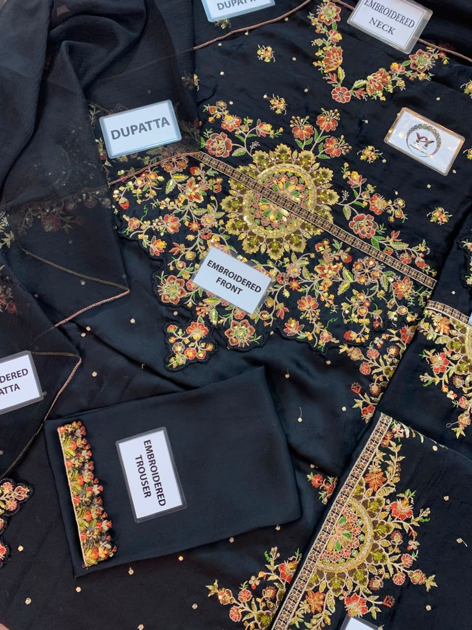 Premium Black Embroidered Kaftan 3-Piece — Premium Shamoz Silk