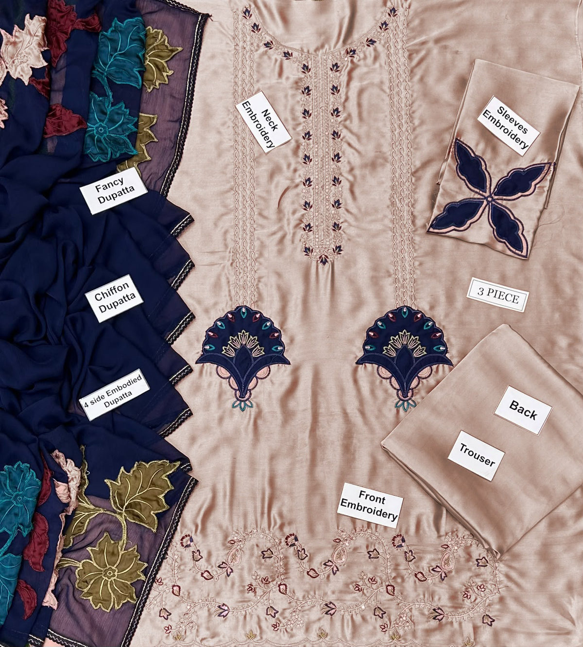 Luxury Silk with Navy Blue Embroidery Unstitched 3 pcs-(FRPD-33)