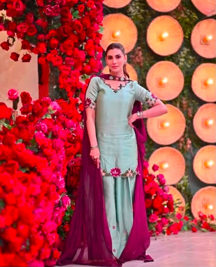 Mint Green & Plum Embroidered Shamooz Silk Suit (As Worn by Nazish Jahangir)