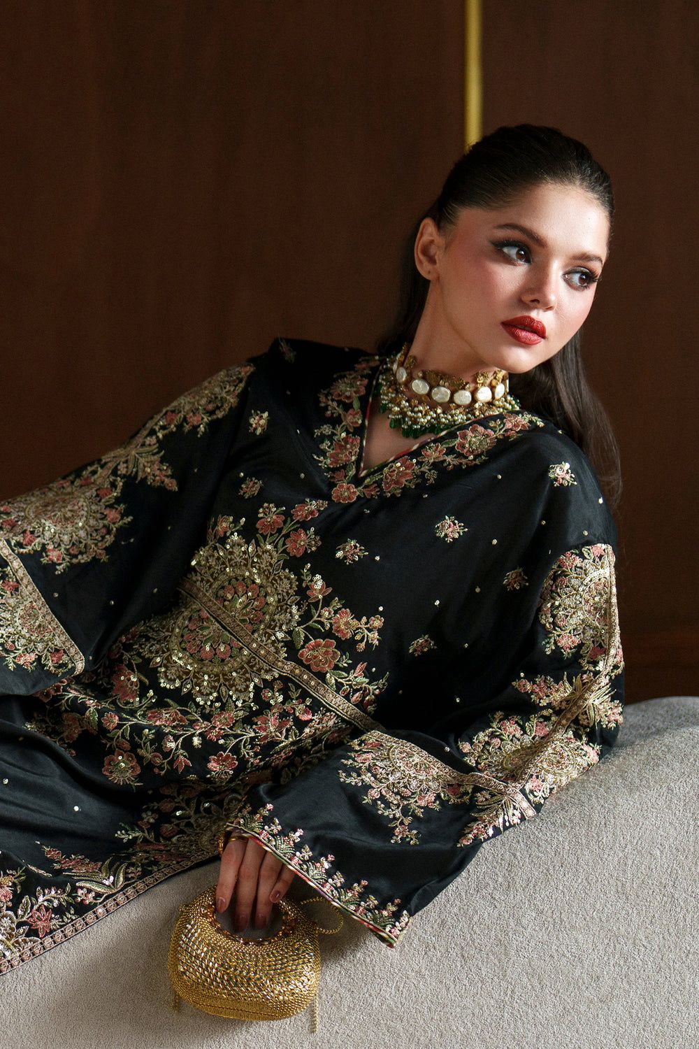 Premium Black Embroidered Kaftan 3-Piece — Premium Shamoz Silk