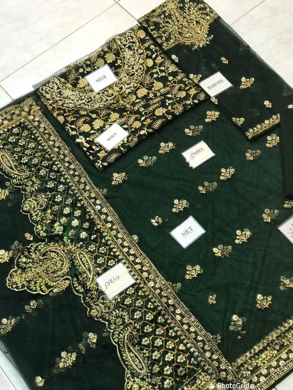 Emerald Green Heavy Zardozi Embroidered Net Saree with Scalloped Pallu, 7 Gaz