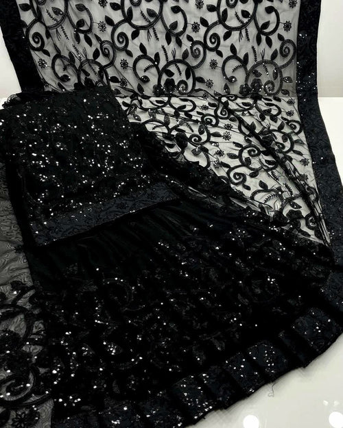 Black Sequin Embroidered Net Saree with Sheer Floral Pallu
