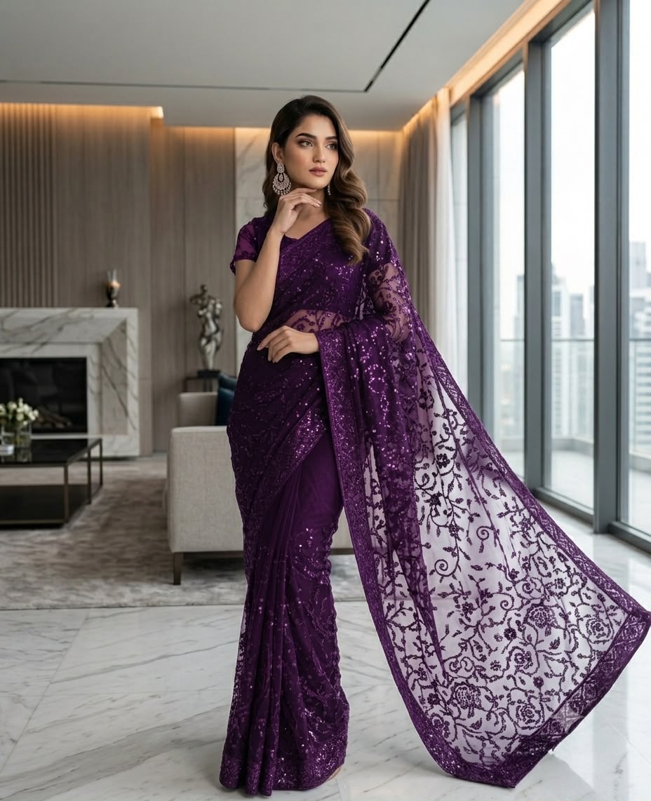 Purple Sequin Embroidered Net Saree with Sheer Floral Pallu