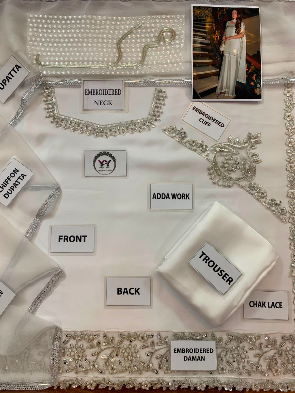 Maruk Pearl White Embellished Shamoz Silk Suit 3 Pcs Unstitched