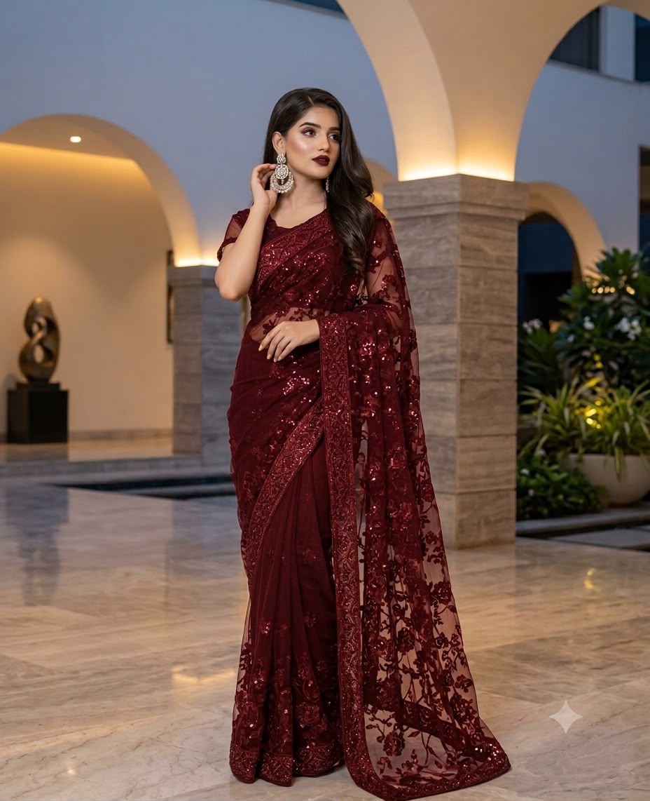 Maroon Sequin Embroidered Net Saree with Sheer Floral Pallu
