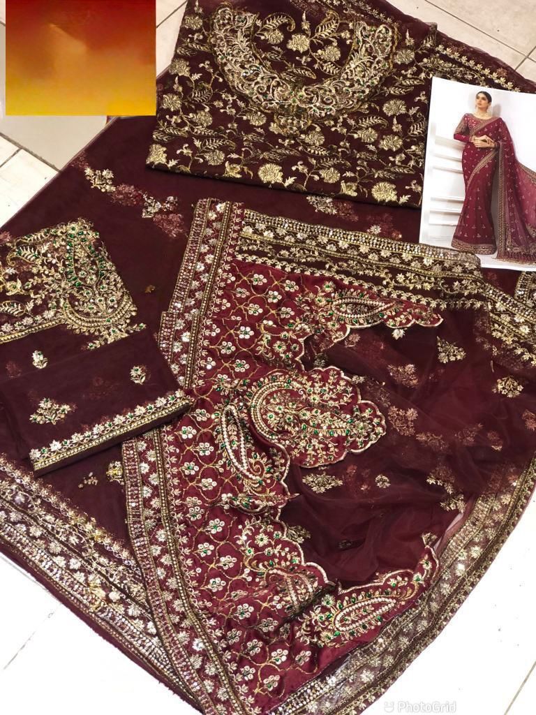 Maroon Heavy Zardozi Embroidered Net Saree with Scalloped Pallu, 7 Gaz