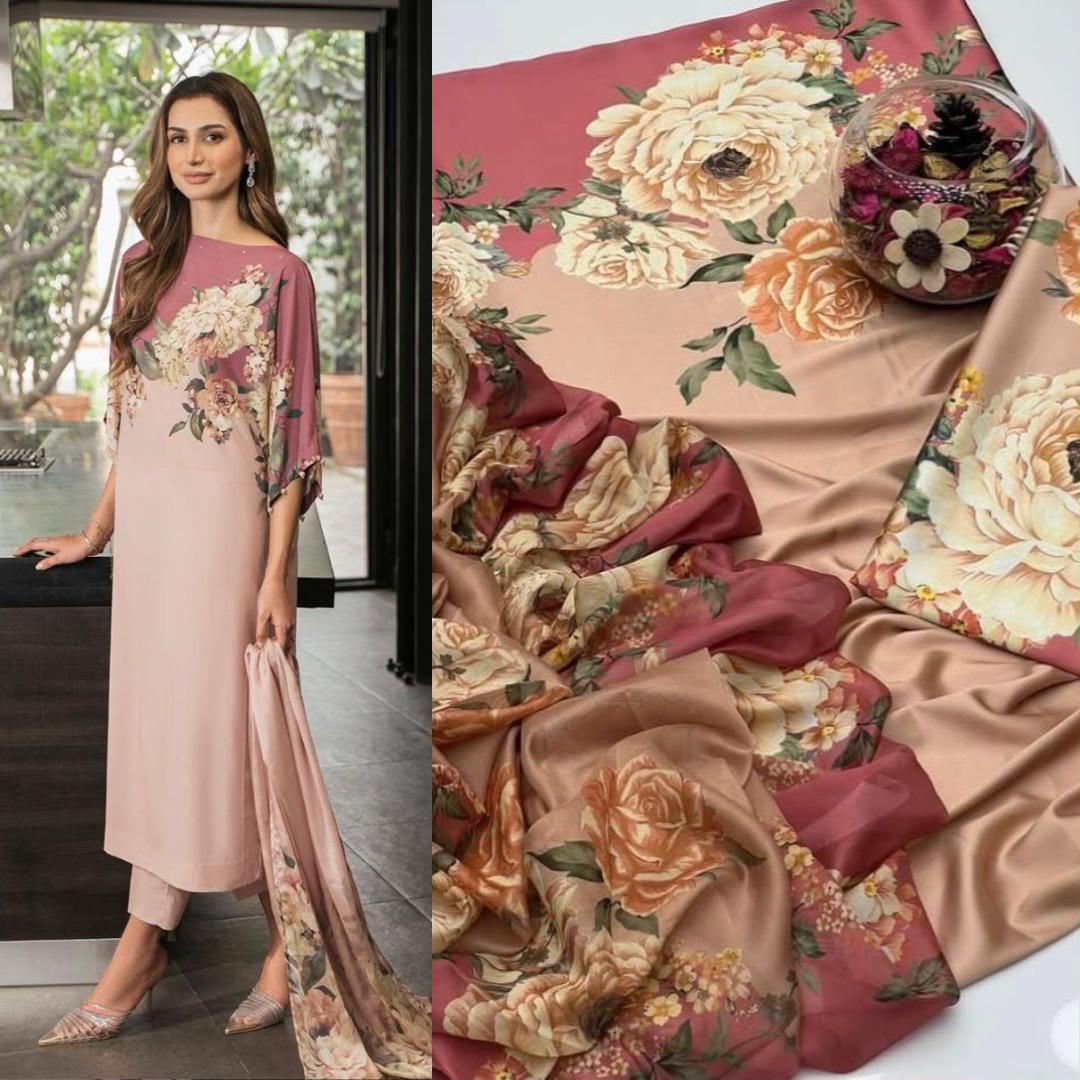 Lulusar Most Demanding Edition, Silk Digital Print 3pc Suit, Blush Pink Floral