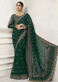 Emerald Green Heavy Zardozi Embroidered Net Saree with Scalloped Pallu, 7 Gaz