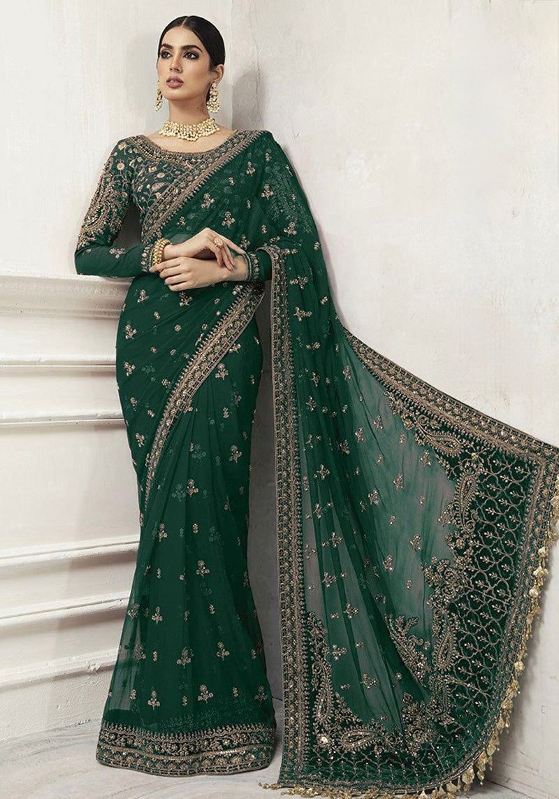 Emerald Green Heavy Zardozi Embroidered Net Saree with Scalloped Pallu, 7 Gaz