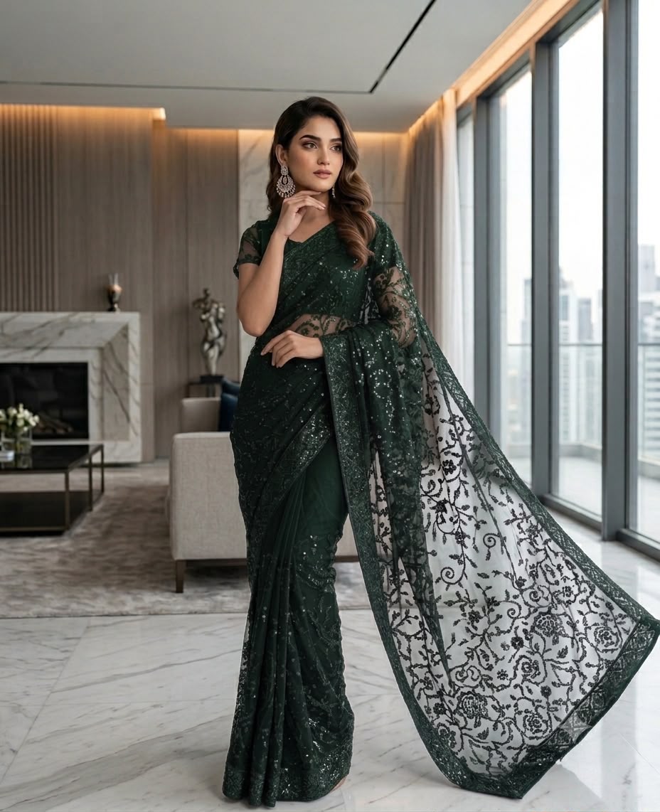Green Sequin Embroidered Net Saree with Sheer Floral Pallu