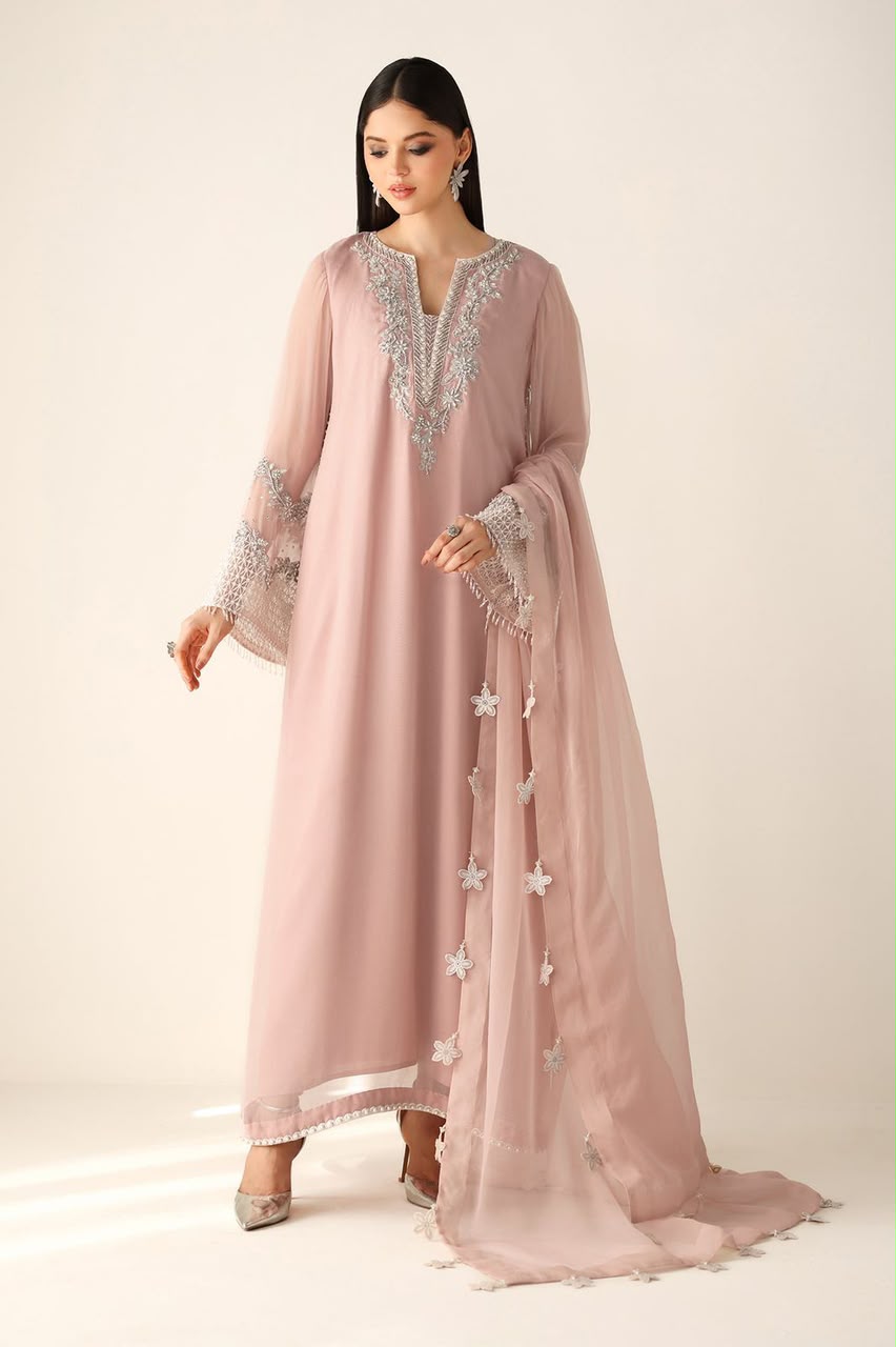 Elegant Festive wear Peach Embrioded Chiffon unstitched 3 pcs
