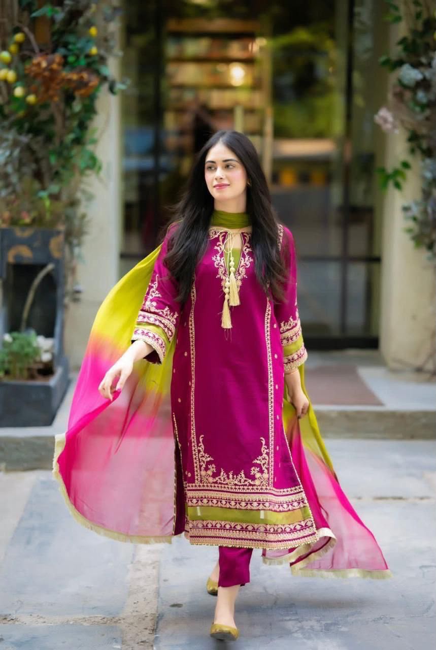 Fuchsia Lime – Luxury Dhank Embroidered 3-Piece Unstitched (PD-)