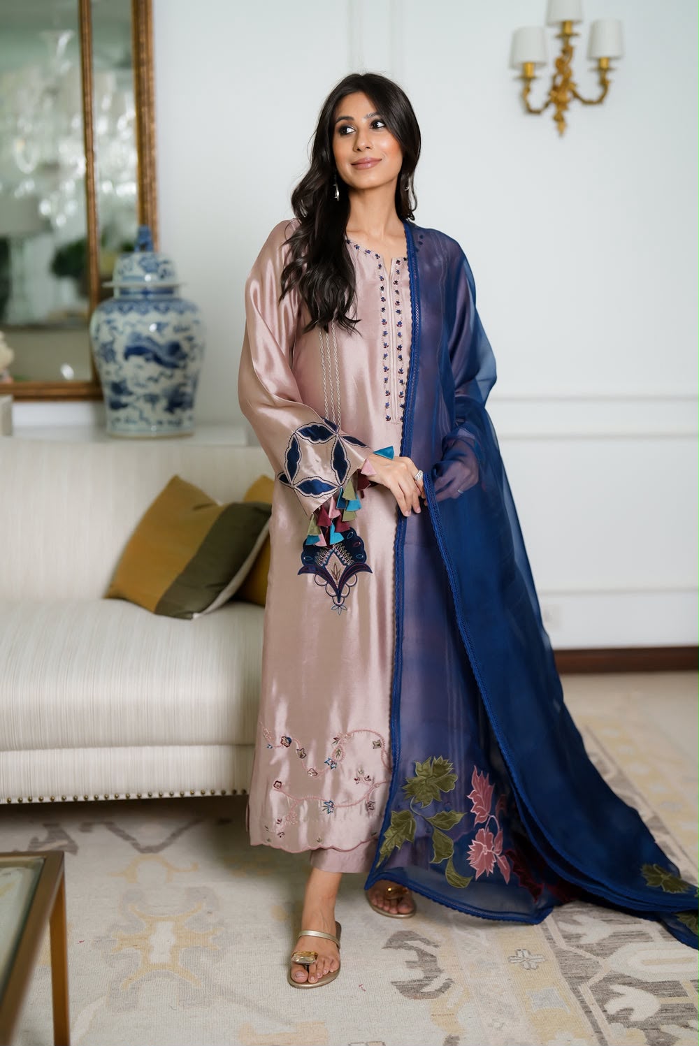 Luxury Silk with Navy Blue Embroidery Unstitched 3 pcs-(FRPD-33)