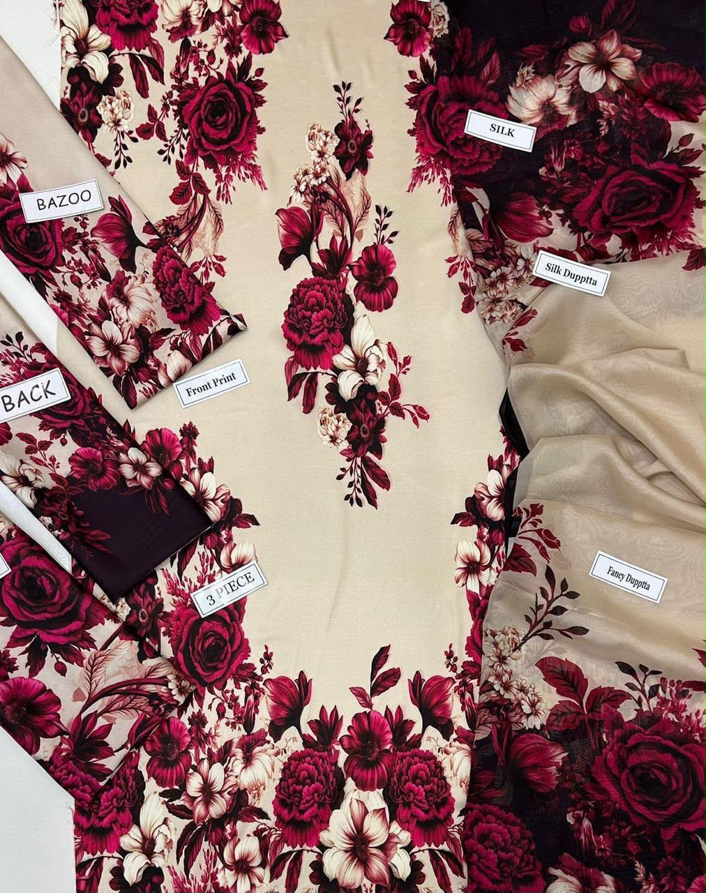 Lulusar Most Demanding Edition, Silk Digital Print 3pc Suit, Ivory and Burgundy Floral
