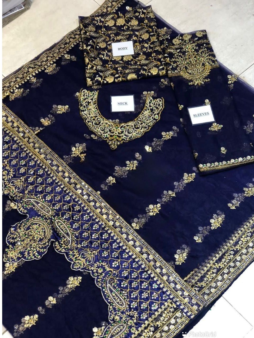 Navy Heavy Zardozi Embroidered Net Saree with Scalloped Pallu, 7 Gaz