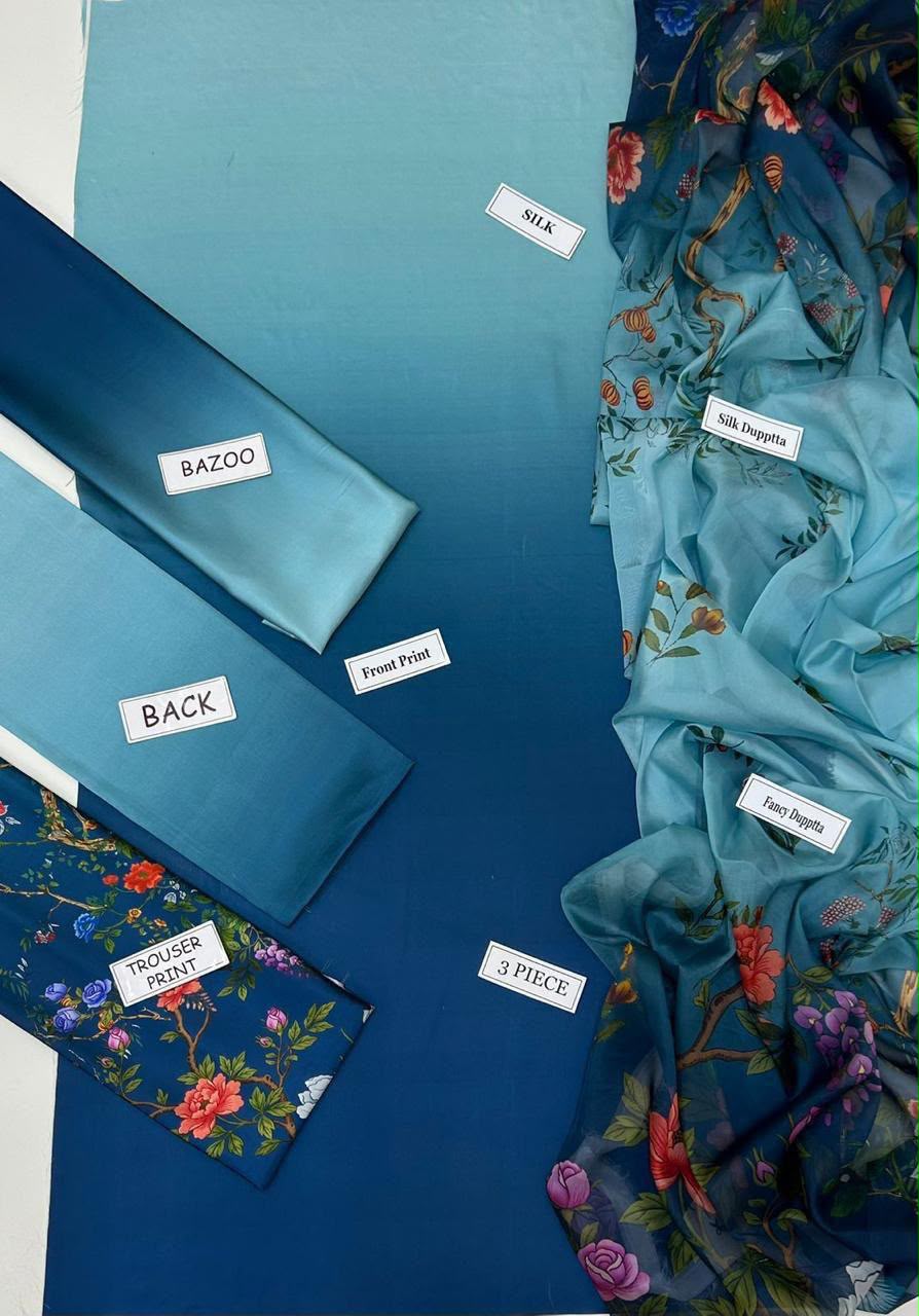 Lulusar Most Demanding Edition, Silk Digital Print 3pc Suit, Teal Ombre Floral