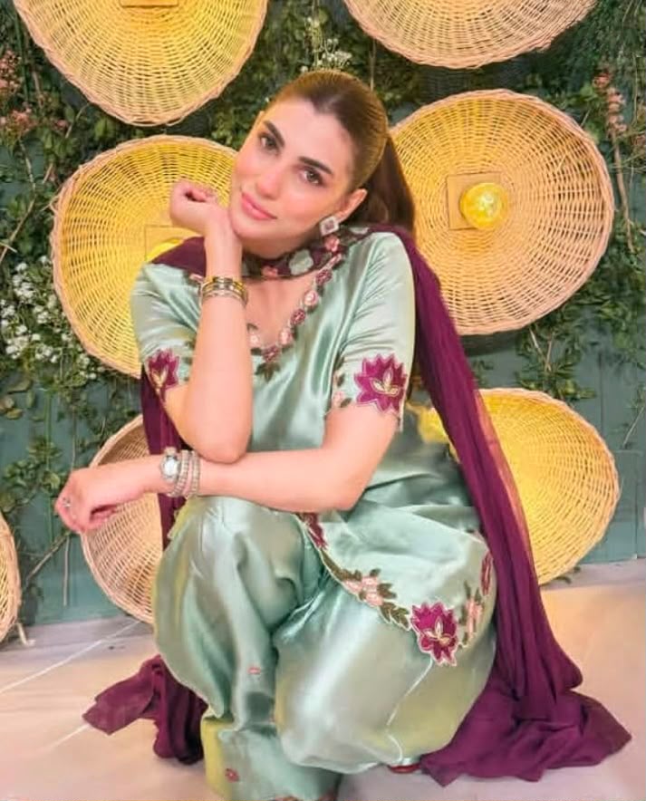 Mint Green & Plum Embroidered Shamooz Silk Suit (As Worn by Nazish Jahangir)