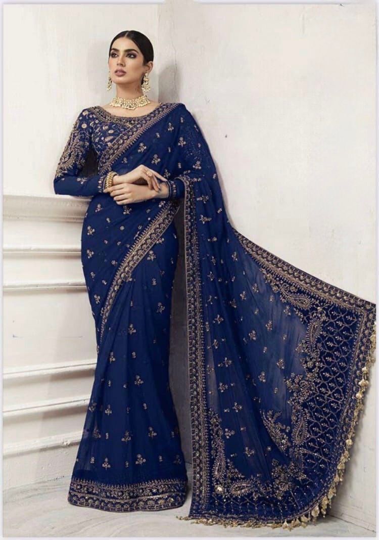 Navy Heavy Zardozi Embroidered Net Saree with Scalloped Pallu, 7 Gaz