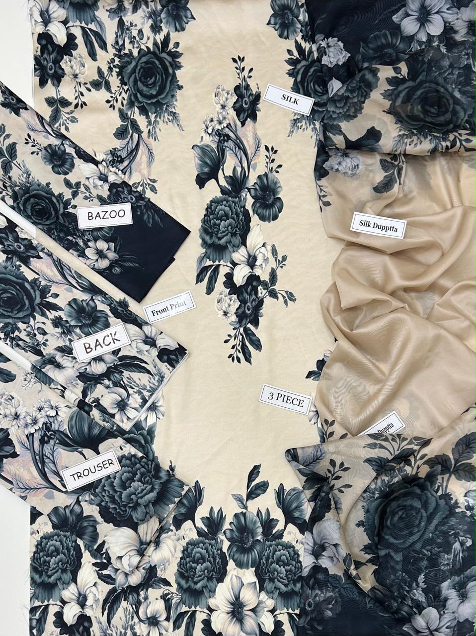 Lulusar Most Demanding Edition, Silk Digital Print 3pc Suit, Ivory and Black Floral