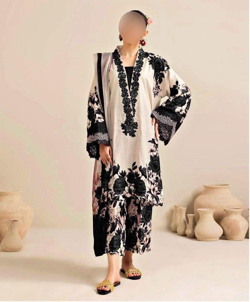 Lulusar Most Demanding Edition, Silk Digital Print 3pc Suit, Ivory and Black Floral