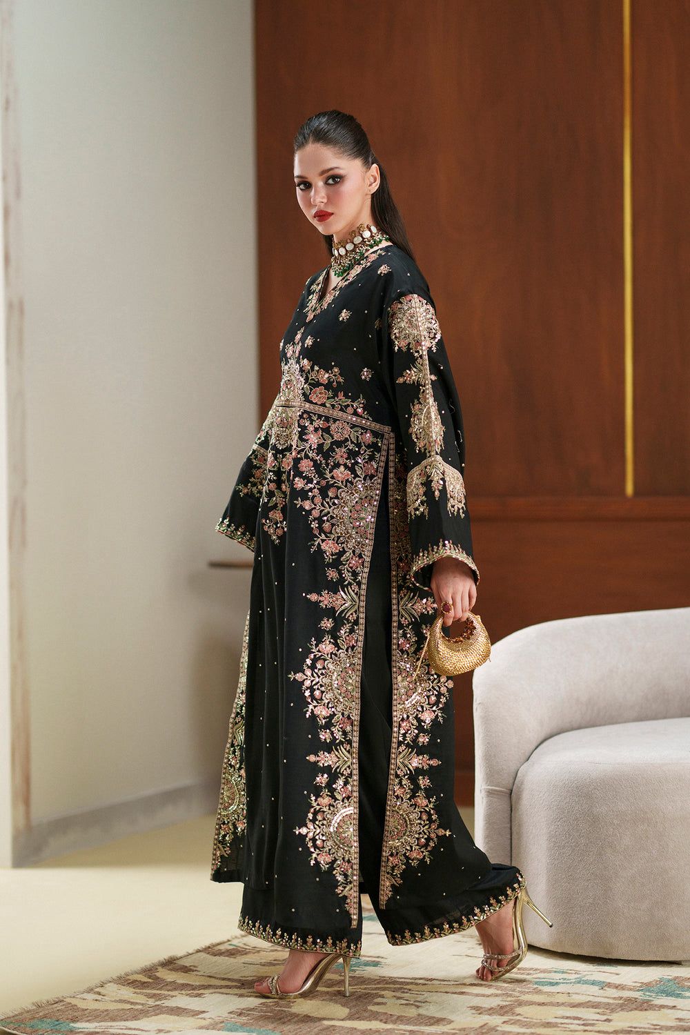 Premium Black Embroidered Kaftan 3-Piece — Premium Shamoz Silk