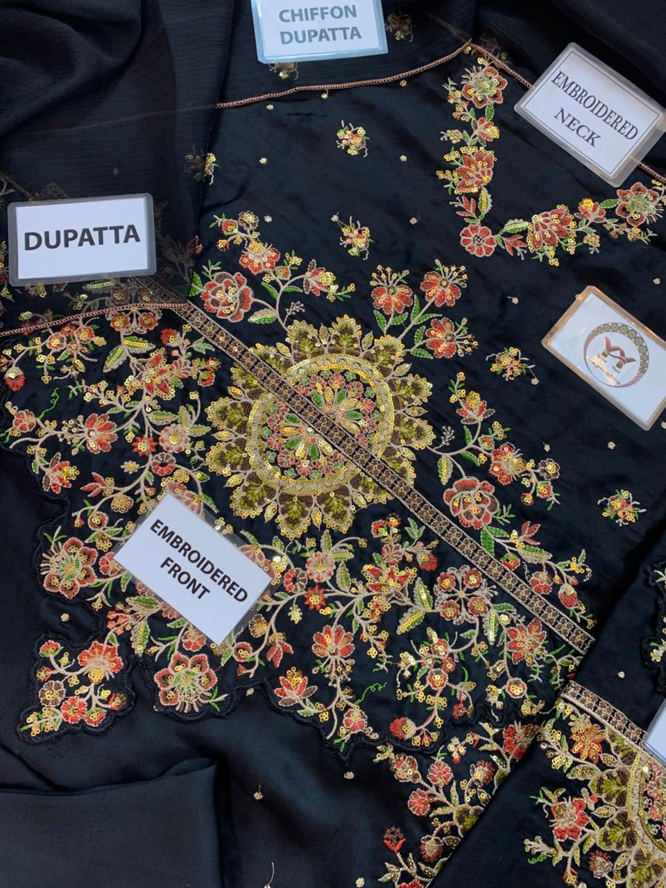 Premium Black Embroidered Kaftan 3-Piece — Premium Shamoz Silk