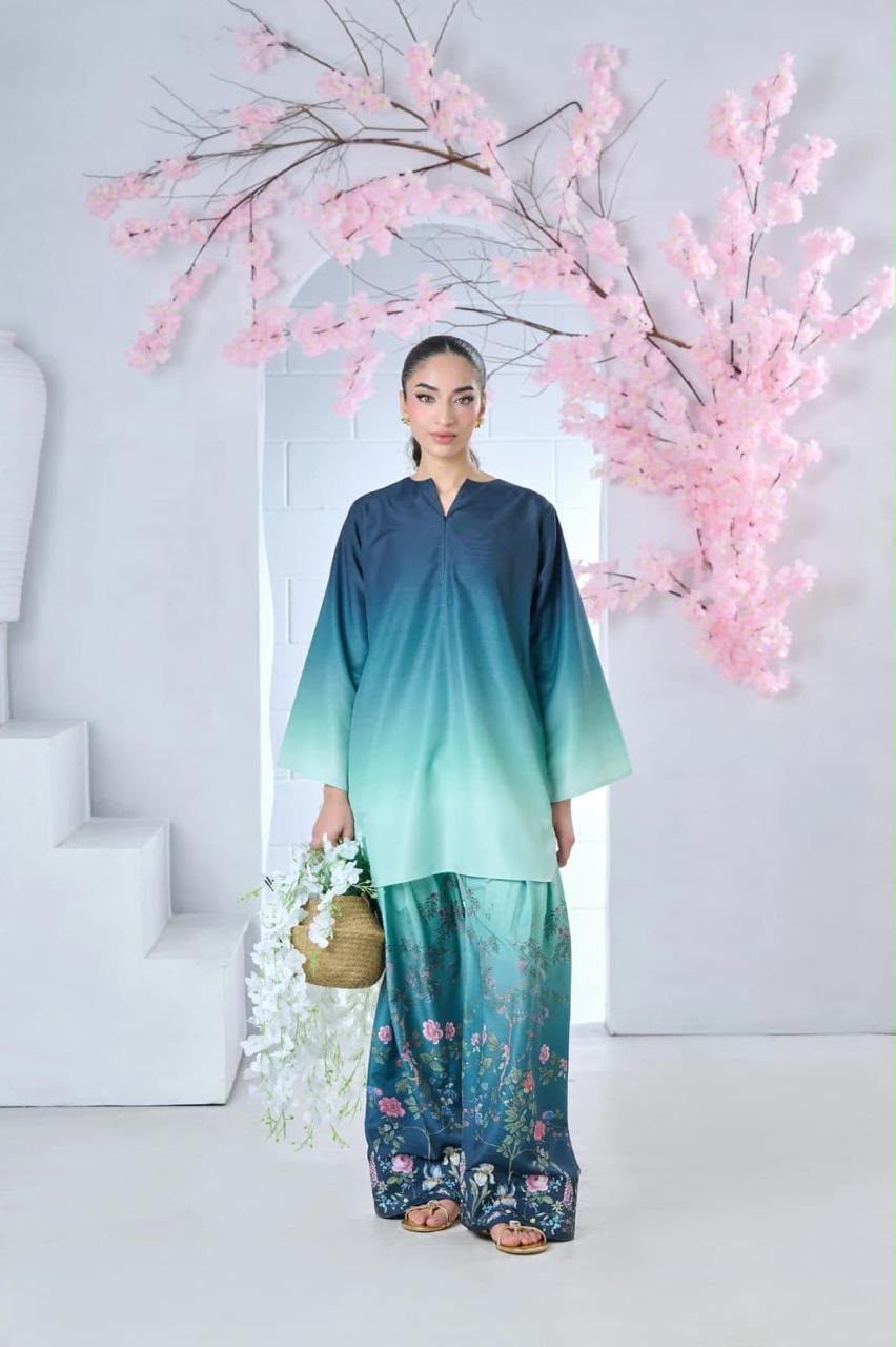 Lulusar Most Demanding Edition, Silk Digital Print 3pc Suit, Teal Ombre Floral Hem