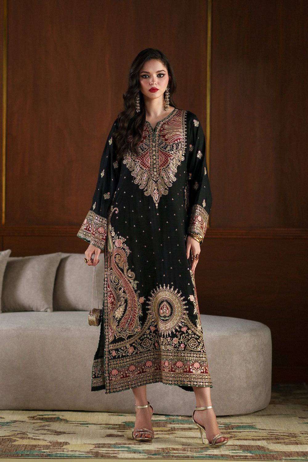 ETHNIC hit code Luxury Embroidered Kaftan 3-Piece UNSTITCHED — Premium Shamoz Silk