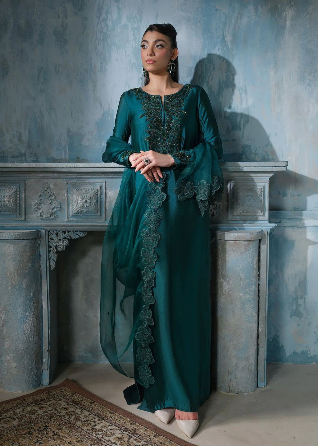 Premium Shamoz Silk Unstitched Suit – Emerald Teal 3 pcs