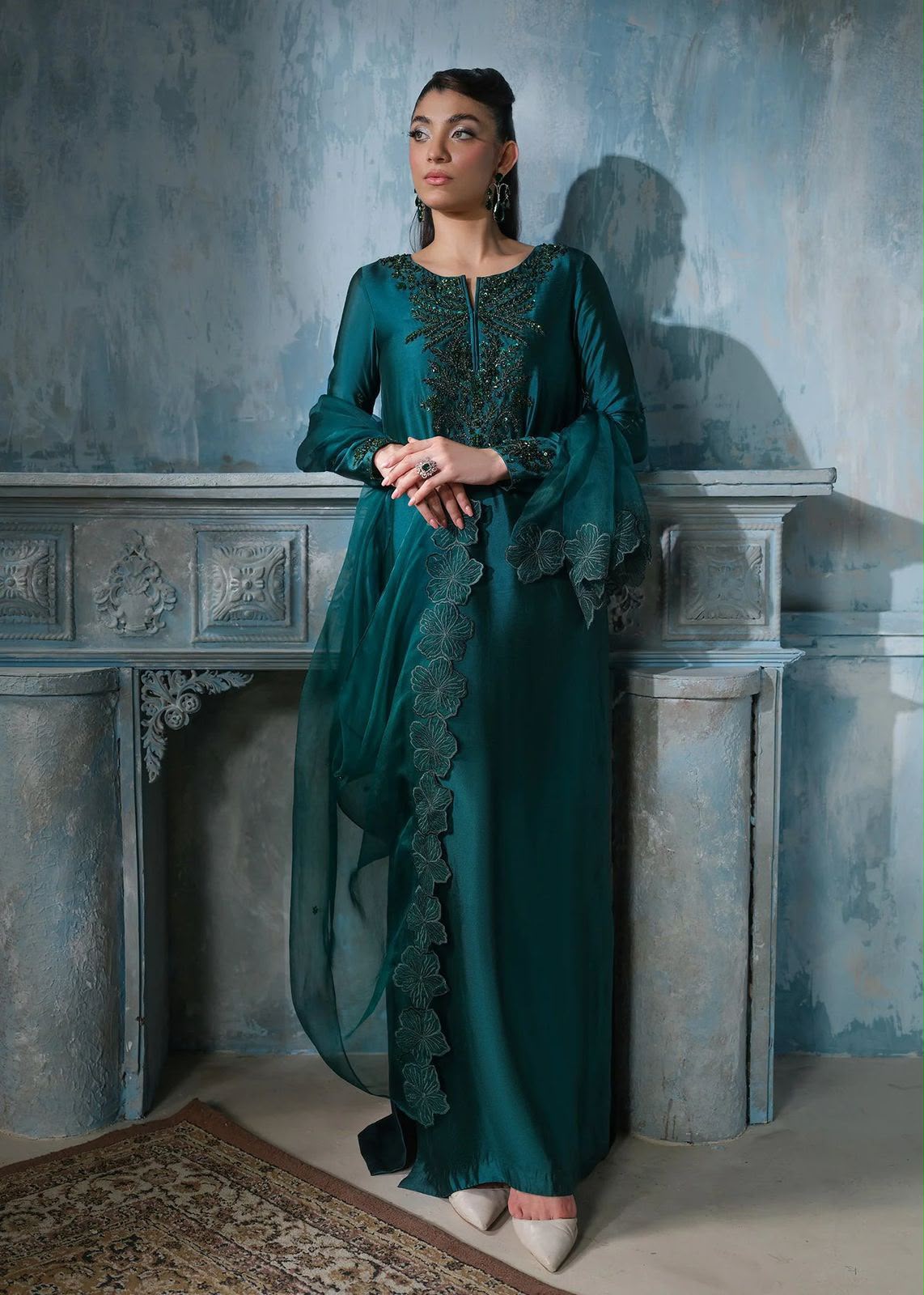 Premium Shamoz Silk Unstitched Suit – Emerald Teal 3 pcs