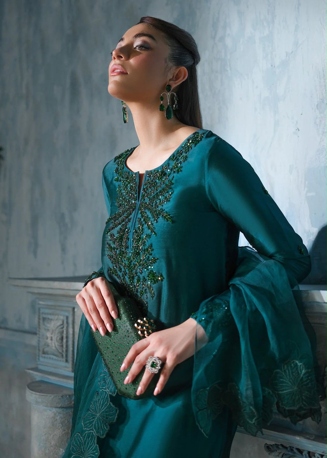 Premium Shamoz Silk Unstitched Suit – Emerald Teal 3 pcs