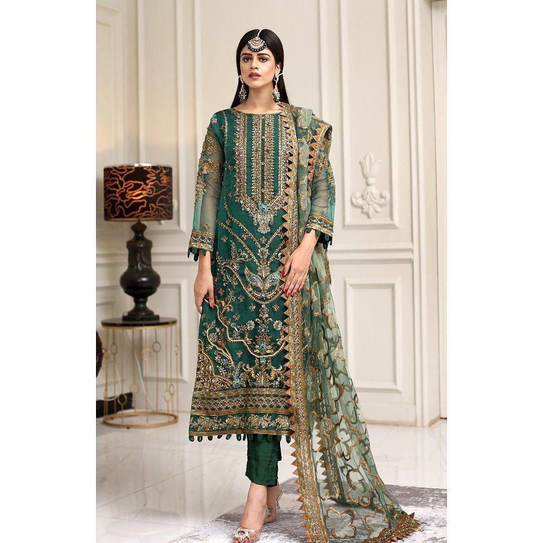 Embroidered Organza Suit with Cutwork Net Dupatta & PK Raw Silk Trouser (SH-111)
