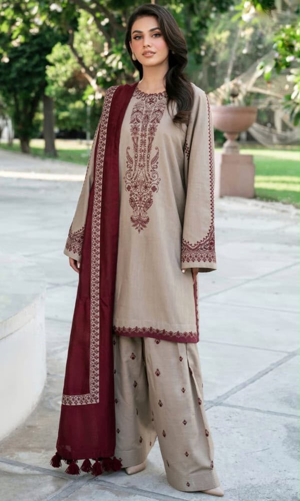 DHANAK BEIGE Embraided 3 Pcs unstitched with ready to wear Shawl (EF-28)