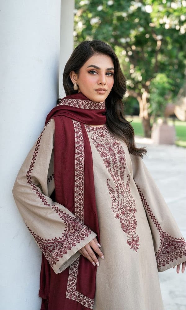 DHANAK BEIGE Embraided 3 Pcs unstitched with ready to wear Shawl (EF-28)