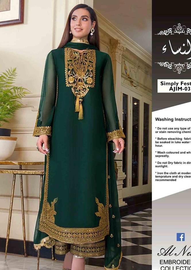 Regal Bottle Green-Embroidered Chiffon 3-Piece Suit Unstiched (MI-26)