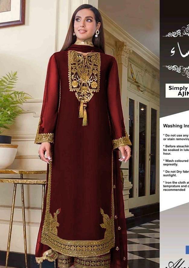 Embroidered Chiffon 3-Piece Suit – Royal Maroon (MI-26)