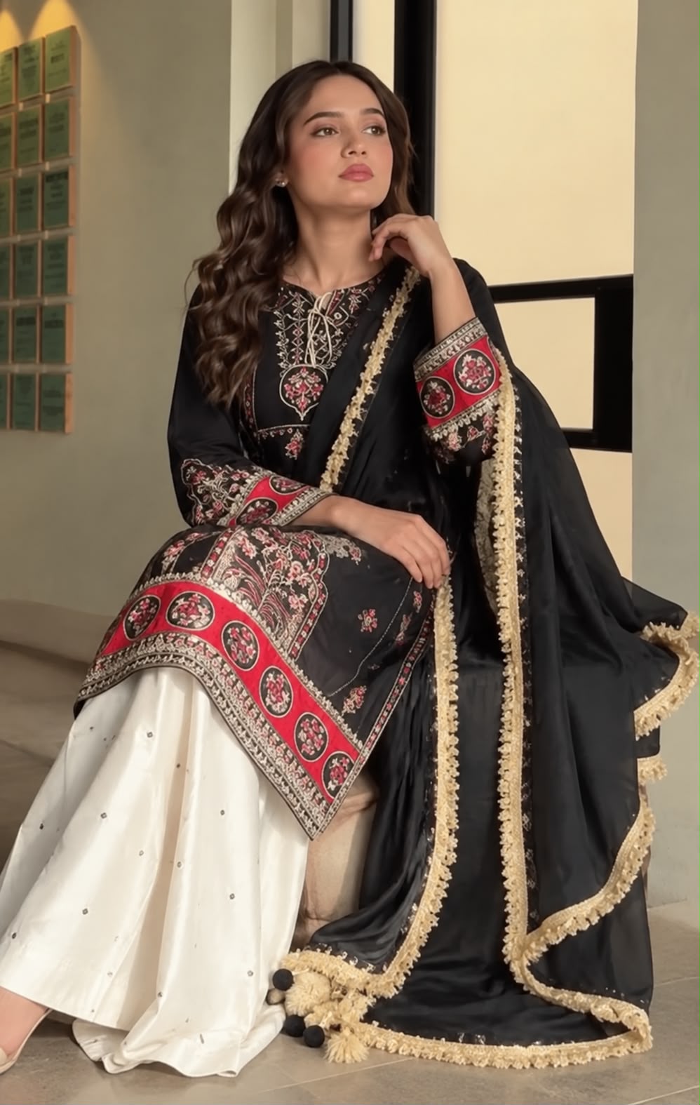 Premium Embroidered Silk 3-Piece Unstitched Suit – Black & Off-White